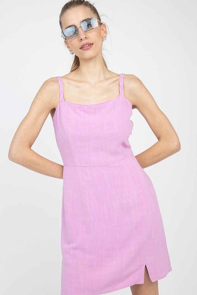 VESTIDO LINO VISCOSA TIRANTES TRENZADOS Y BOTONES FORRADOS EN ESPALDA