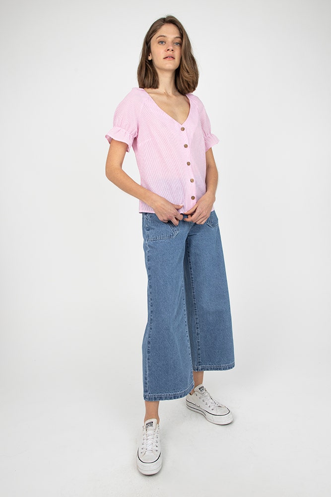 BLUSA ALGODÓN LISTADADO MANGA GLOBO 